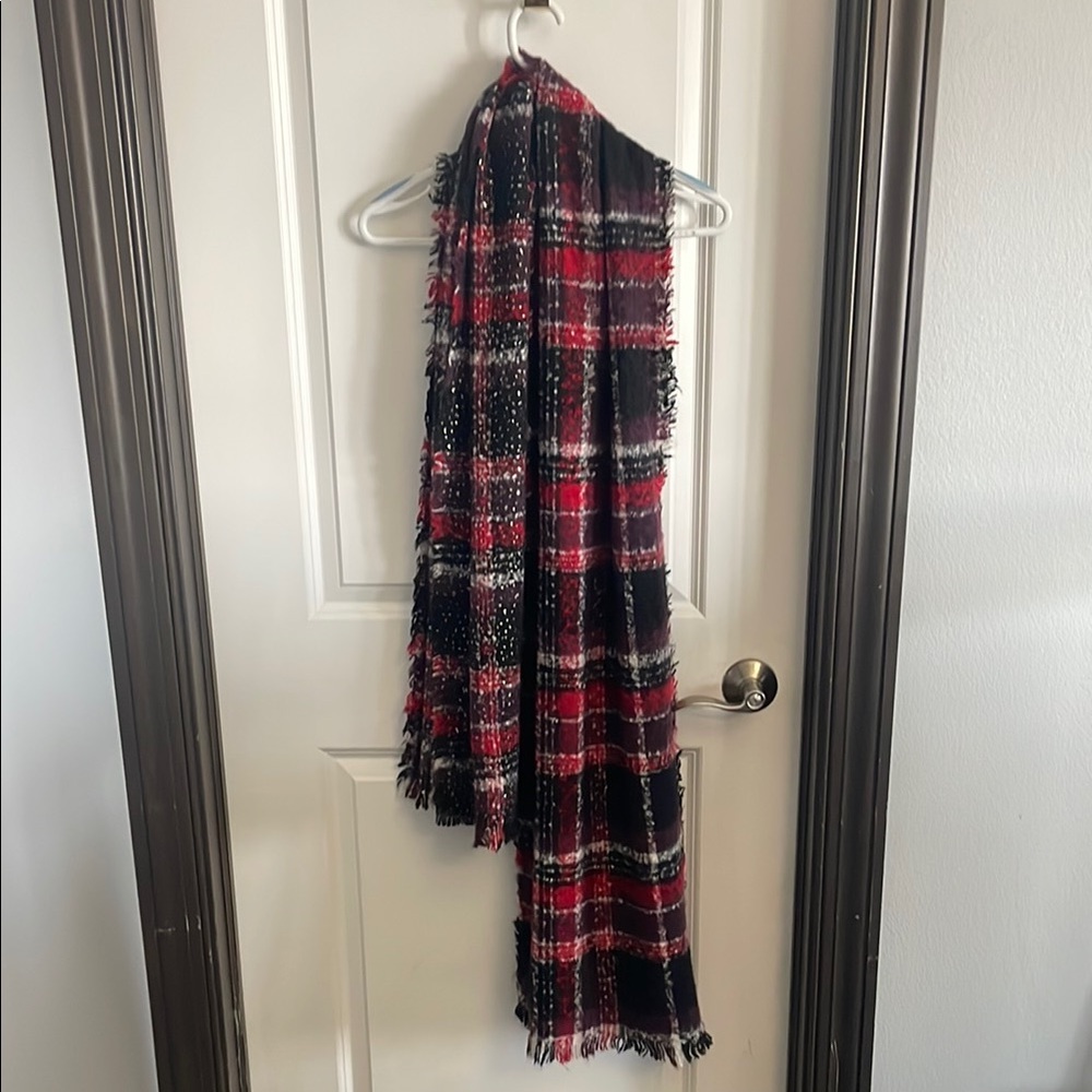 Red and Black Plaid Scarf with Fringe